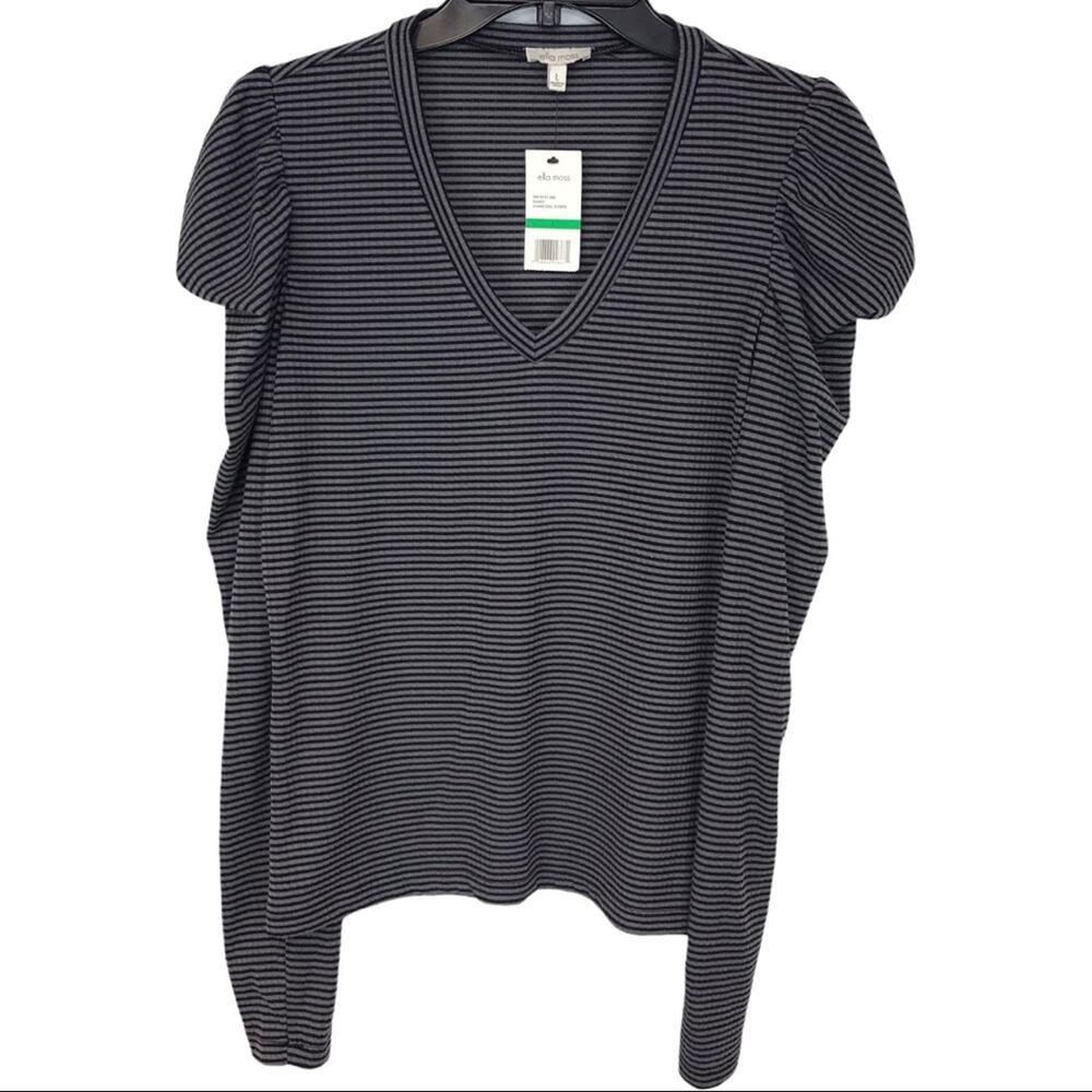 NWT ELLA MOSS Drape Puff Long Sleeve Gray Black Stripe Sz L - Picture 6 of 9